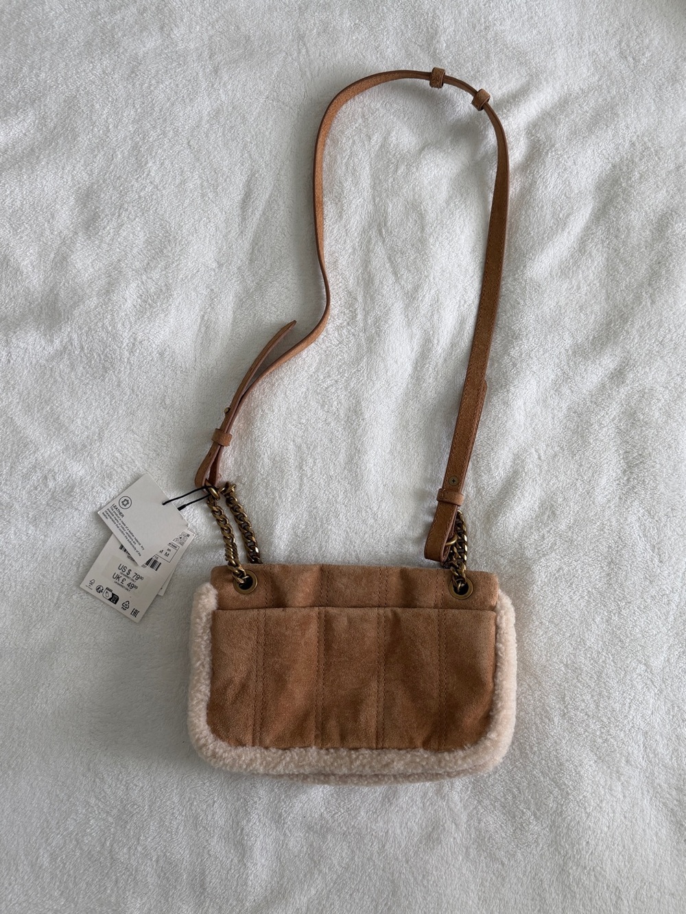 Zara Suede Crossbody Bag in Light Brown with Shearling Trim